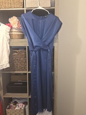 Elegant Blue Satin Wrap Maxi Dress